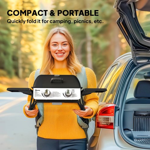 Outsunny 2 Burner Gas BBQ Grill with Foldable Side Tables, Portable Tabletop Gas Barbecue Grill with Built-in Thermometer, Lid, Grease Tray for Garden Party Camping Picnic Outdoor Cooking 5.6KW, Black