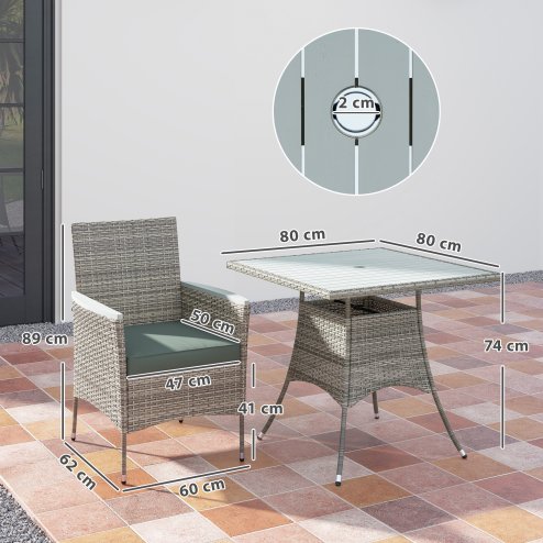 Outsunny Rattan Dining Set, 4 Seater Rattan Garden Furniture Set with 50mm Parasol Hole, Outdoor Garden Table and Chairs with Cushions, Slatted Wood Tabletop for Patio, Conservatory, Grey