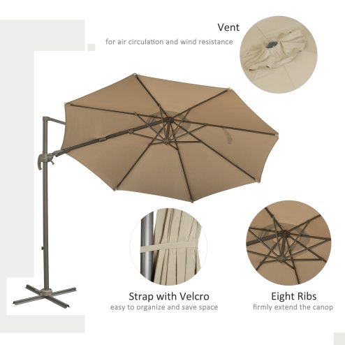Outsunny 3(m) Cantilever Parasol 360 Rotation Roma Umbrella Hanging Sun Shade with Aluminium Frame, Tilt Crank, 8 Ribs and Cross Base, Khaki