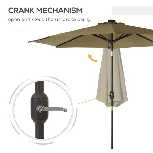 Outsunny 2.7m Patio Garden Umbrella Outdoor Parasol Outdoor Market Table Umbrella with Tilt Crank and 24 LEDs Lights (Brown)