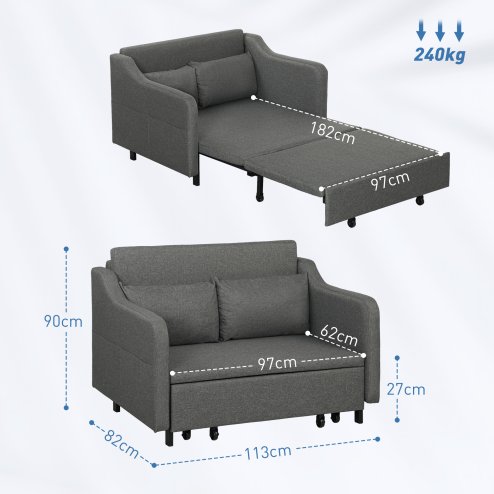 HOMCOM Pull Out Double Sofa Bed, Fabric 2 Seater Sofa Couch with Pillows and Side Pockets, Convertible Sleeper for Living Room, Grey