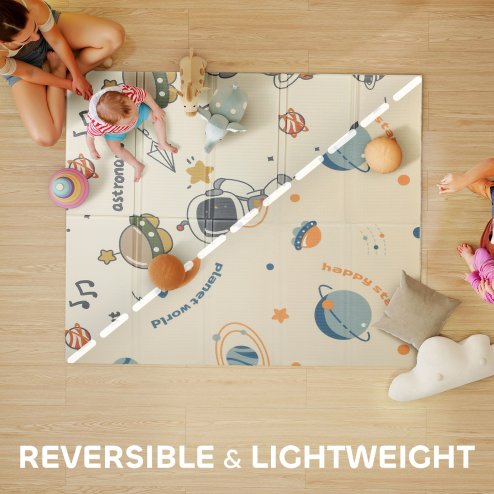 AIYAPLAY Baby Play Mat Double Sided, Foldable & Reversible Activity Playmat, Waterproof Kids Foam Crawling Mat for Outdoor Indoor Playtime Picnics, 177 x 146 x 1.5cm, Astronaut & Planet Theme