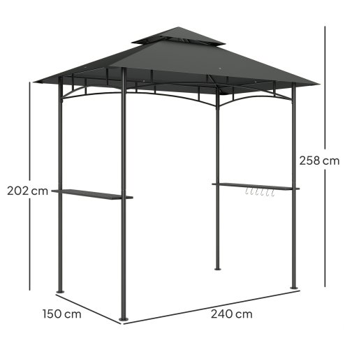 Outsunny 2.4 x 1.5 m (8' x 5') Grill Gazebo Canopy with LED Lights, Double Tiered Outdoor BBQ Gazebo Shelter with 2 Side Shelves, Storage Basket and Hooks for Garden, Barbecue, Picnic, Dark Grey