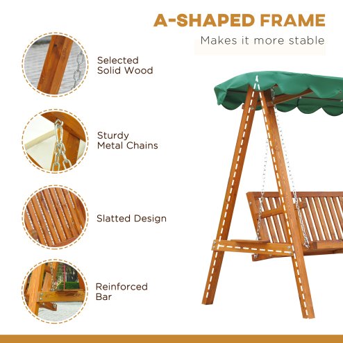 Outsunny 3 Seater Garden Swing Seat with Canopy, Wooden Swing Chair, Outdoor Hammock Bench for Balcony Patio Porch, Green