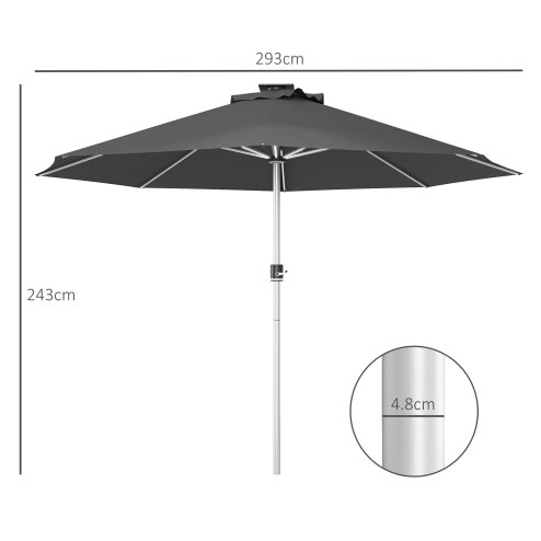 Outsunny 3(m) Solar Powered Garden Parasol with Lights, LED Lighted Deck Umbrella with 48mm Aluminium Pole, Crank, Solar Charged and USB Type-c, for Balcony, Outdoor and Lawn, Charcoal Grey