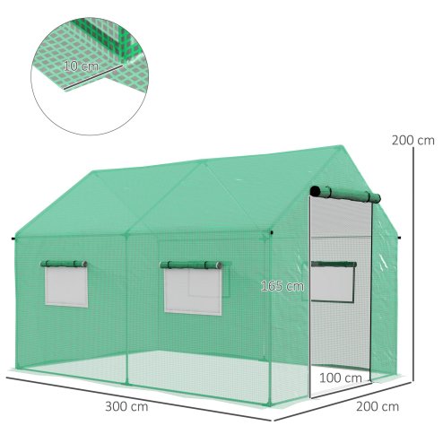 Outsunny 2 x 3(m) Walk-in Polytunnel Greenhouse with Wide Roll-up Door, 4 Mesh Windows, Tunnel Warm House Tent with UV-resistant PE Cover, Green