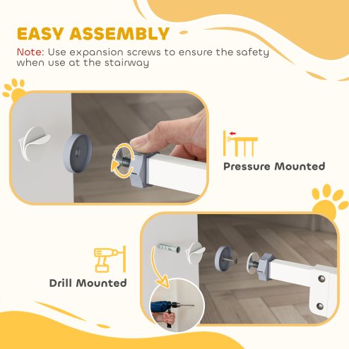PawHut Dog Gate Stair Gate Pressure Fit Pets Barrier Auto Close for Doorway Hallway, 74-100cm Wide Adjustable, White