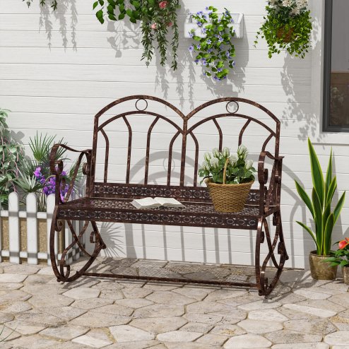 Outsunny 2 Seater Metal Garden Park Bench Outdoor Rocking Chair Swing Bench Loving Seat Bronze