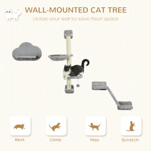 PawHut Three-Piece Wall-Mounted Cat Shelves, with Hammock, Cloud-Shaped Jumping Platform, Ladder, Scratching Post, Cat Wall Furniture with Play Ball for Large Cats - Grey