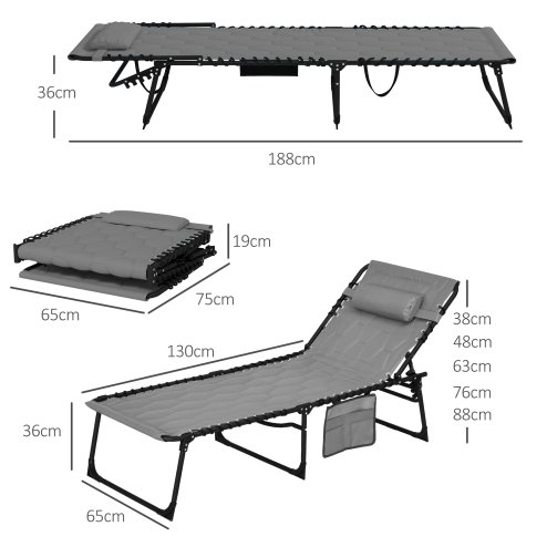 Outsunny 2 Piece Foldable Sun Lounger Set with 5-level Reclining Back, Outdoor Tanning Chairs Sun Loungers with Build-in Padded Seat, Side Pocket, Headrest for Beach, Patio, Grey