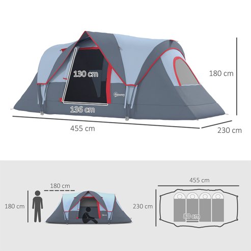 Outsunny 5-6 Man Dome Camping Tent Hiking Shelter UV Protection 3000mm Water Resistant Tunnel Tent - Grey