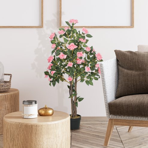 HOMCOM Set of 2 Decorative Artificial Plants, Faux Silk Rose Trees in Pot, Fake Plants for Home Indoor Decor, 110?cm, Pink