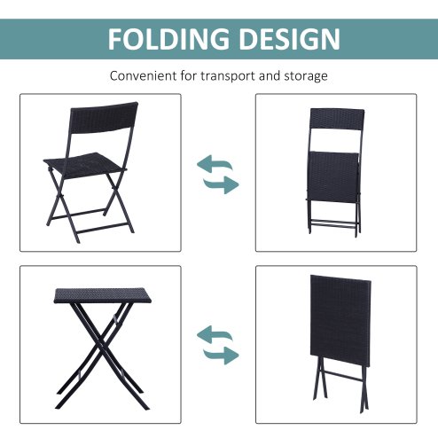 Outsunny 3 Pieces Folding Rattan Bistro Set, Garden Furniture Bistro Set with Folding Garden Table and Chairs, Wicker Balcony Furniture for Outdoor, Patio, Porch, Black