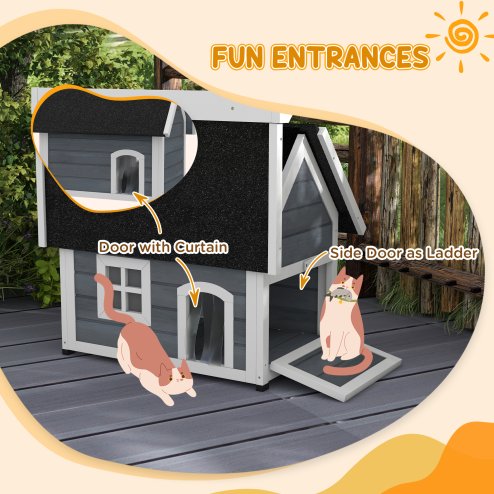 PawHut Outdoor Cat House, Wooden Feral Cat Shelter, Water-Resistant Hide Home with Openable Asphalt Roof, Three Doors, 77 x 57.5 x 68cm - Grey
