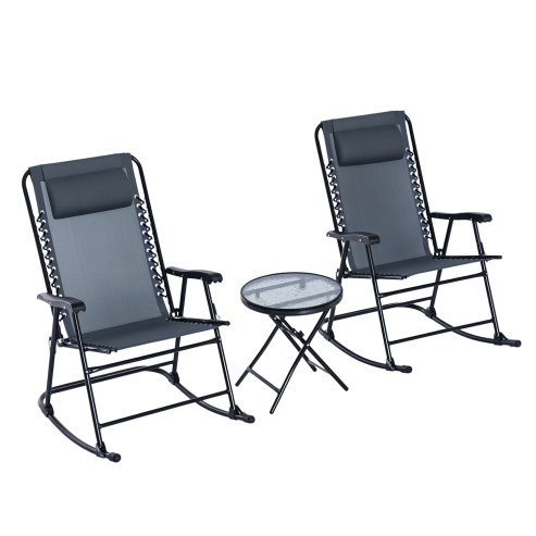 Outsunny 3 Piece Outdoor Rocking Set with 2 Folding Chairs and 1 Tempered Glass Table, Patio Bistro Set for Garden, Deck, Grey