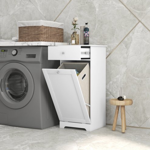 HOMCOM Laundry Cabinet, Bathroom Cabinet with Laundry Basket, Bathroom Storage Unit with Foldable Laundry Hamper and Drawer for Washroom, White