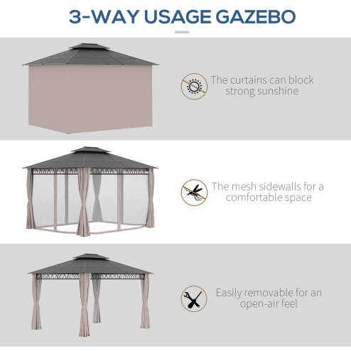 Outsunny 3.6 x 3 (m) Outdoor Polycarbonate Gazebo, Double Roof Hard Top Gazebo with Galvanised Steel Frame, Nettings & Curtains for Garden, Lawn, Patio and Deck