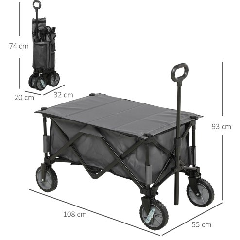 Outsunny Folding Garden Trolley, Cargo Trailer on Wheels, Collapsible Camping Trolley with Folding Board, Outdoor Utility Wagon with Steel Frame and Oxford Fabric, Dark Grey