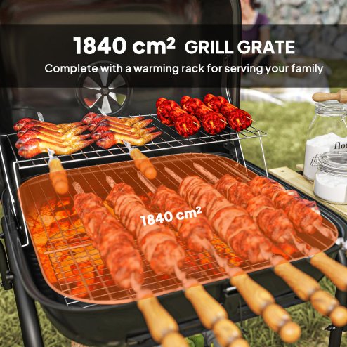 Outsunny Charcoal Barbecue Grill Portable BBQ Grill with 1840 cm? Cooking Area, 3 Shelves, Adjustable Vent, Lockable Lid, Wheels for Outdoor Cooking, Garden Party, Red