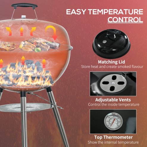 Outsunny Portable Kettle Charcoal Grill BBQ Smoker with Cover, Outdoor Round Barbecue with Lid, Thermometer, Turner, Knife, Clip, Storage Shelf, & Wheels for Party Patio Garden