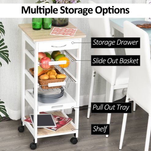HOMCOM Mobile Rolling Kitchen Island Trolley for Home w/ Metal Baskets Trays Shelves Wheels Compact Stylish Storage White