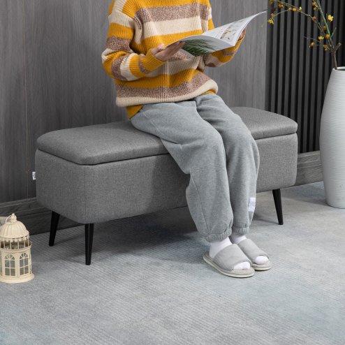 HOMCOM Storage Ottoman with Flip Top, Rectangular Upholstered Bench, Linen Feel Fabric Footstool with Steel Legs for Living Room, Bedroom