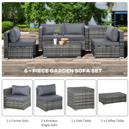 Outsunny 6 Pieces Rattan Garden Furniture Set, 4 Seater Wicker Garden Corner Sofa Set with 2 Storage Tables and Loveseats, Outdoor Conversation Furniture with Cushions for Conservatory, Patio, Grey