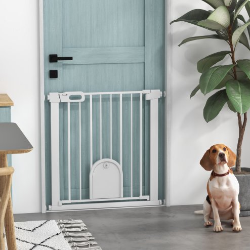 PawHut Dog Gate with Cat Flap Pet Safety Gate Barrier, Stair Pressure Fit, Auto Close, Double Locking, for Doorways, Hallways, 75-82 cm White