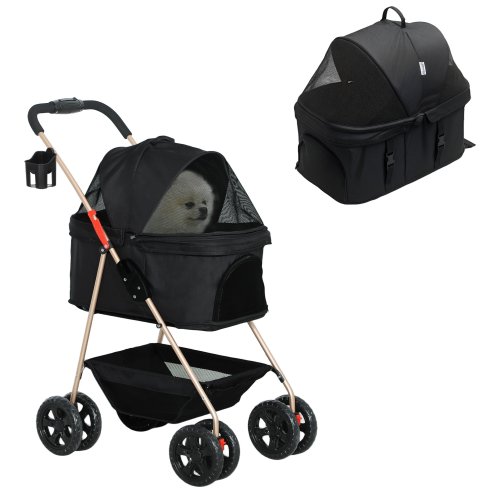 PawHut Pet Stroller, 3 in 1 Folding Dog Stroller Pram w/ 4 Wheels, Detachable Carrier, Storage Basket, Cup Holder, Safety Leashes, for Mini Dogs, Cats, Black