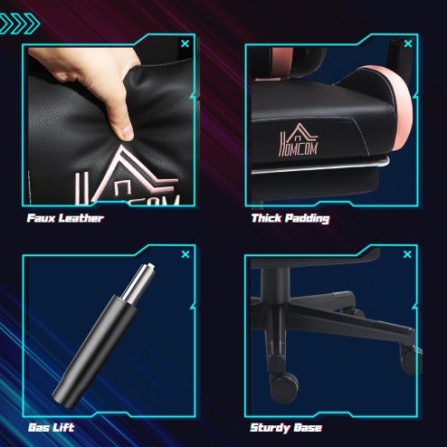 HOMCOM Gaming Chair for Adults with Cat Ears, Reclining Computer Chair with Footrest, Faux Leather Game Chair with Lumbar Support and Headrest, Height Adjustable Swivel PC Chair, Black