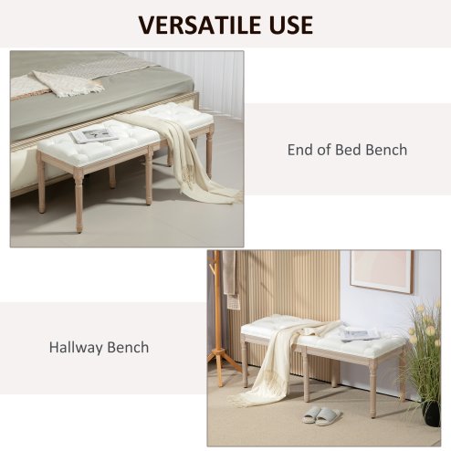 HOMCOM Bedroom End of Bed Bench, 117cm French Vintage Bench with Thick Padding and Wood Legs, Button Tufted Bench for Entryway Living Room Bedroom Decor, Cream White