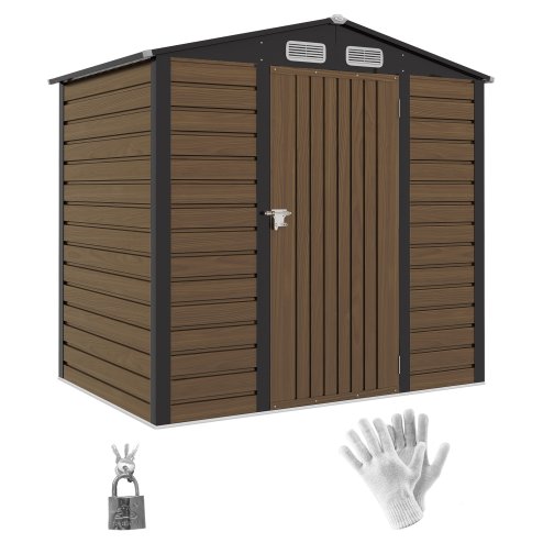 Outsunny 4.3 x 6.2 ft Garden Shed, Galvanised Metal Shed, Easy to Assemble, with Lockable Door, Gloves and 2 Vents Outdoor Tool Storage, Oak
