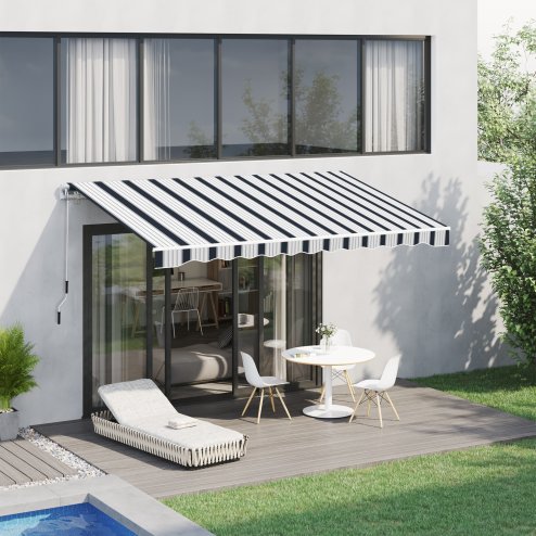 Outsunny 4 x 3(m) Garden Patio Manual Awning Canopy Aluminium Sun Shade Shelter Retractable for Backyard, Blue and White