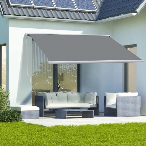 Outsunny 4x3m Full Cassette Electric/Manual Retractable Awning with LED Light and Remote Controller, Sun Canopies for Patio Door Window, Grey