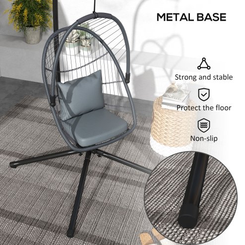 Outsunny Outdoor PE Rattan Swing Chair with Cushion, Foldable Basket Patio Hanging Chair with Metal Stand, 360 degree Rotation Spring Hook, Basket Height Adjust with Metal Chain, Grey