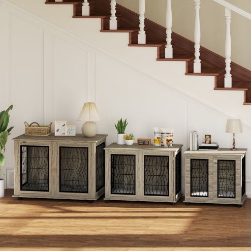PawHut Dog Crate Furniture, Dog Cage with Soft Washable Cushion, Furniture-Style Pet Kennel Indoor House End Side Table for Small Medium Large Breeds, 100 x 60 x 73.5 cm, Grey