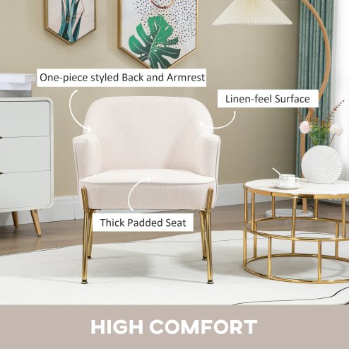 HOMCOM Accent Chair, Living Room Armchair, Vanity Chair with Gold Plating Metal Legs and Soft Padded Seat for Bedroom and Cafe, Cream