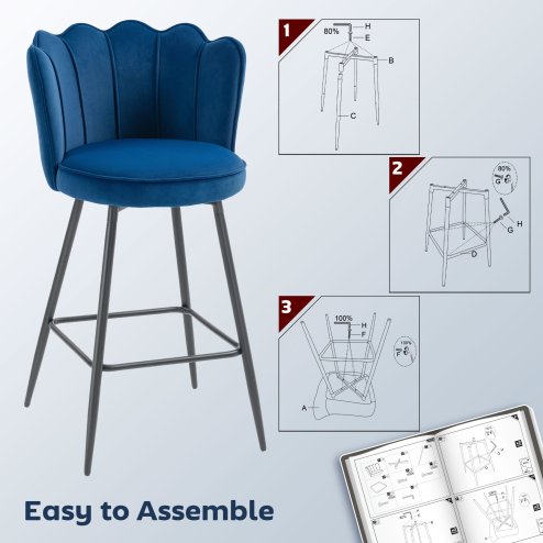 HOMCOM Bar Stools Set of 2, Modern Velvet-Feel Barstools with Petal Backrest and Footrest, Upholstered Breakfast Bar Chairs with Metal Legs for Kitchen Island Counter, Dining Room, Dark Blue