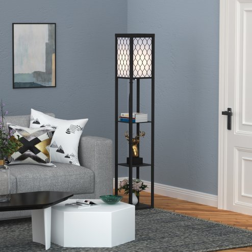 HOMCOM Modern Shelf Floor Lamp Light with Three Open Shelves Large Storage Display, for Living Room, 160cm, Bulb not Included, Black