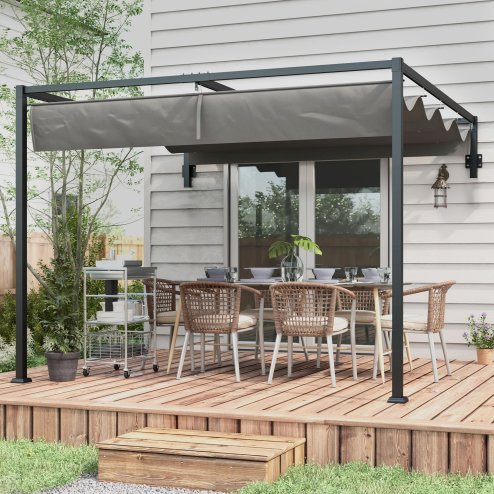 Outsunny 3 x 4m Lean To Pergola with Retractable Roof, Wall Mounted Garden Gazebo Outdoor Sun Shade Shelter for Patio, Deck