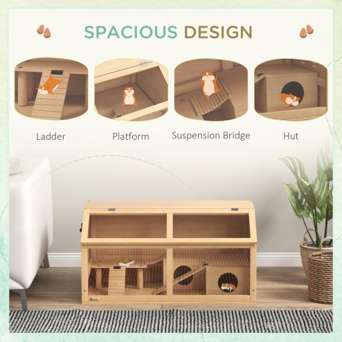 PawHut Wooden Hamster Cage, Gerbil Cage for Syrian Hamster with Exercise Play House, Openable Top 85 x 45 x 44cm - Nature