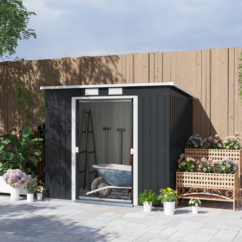 Outsunny 7 x 4ft Lean to Garden Shed with Foundation Kit, Double Door and Vents, Outdoor Metal Storage Shed for Equipment Tools, Dark Grey