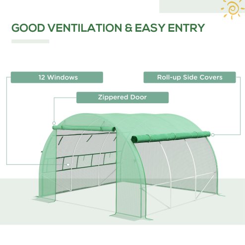 Outsunny 3 x 3 x 2 m Polytunnel Greenhouse with Roll-up Side Walls, Walk-in Grow House Tent with Steel Frame, Reinforced Cover, Zipped Door and 6 Mesh Windows for Garden, Green