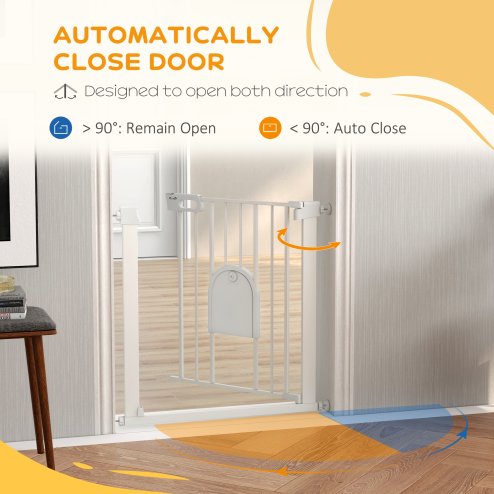 PawHut Dog Gate with Cat Flap Pet Safety Gate Barrier, Stair Pressure Fit, Auto Close, Double Locking, for Doorways, Hallways, 75-82 cm White