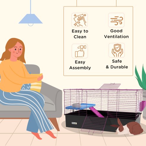 PawHut Guinea Pig Cage Chinchillas Rabbit Small Animal Cage with Ramp, Dish, Water Bottle, 99 x 52 x 53cm, Black