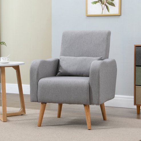 HOMCOM Accent Chair, Linen-Touch Armchair with Pillow, Upholstered Leisure Lounge Sofa for Living Room, Club Chair with Rubber Wooden Frame Image