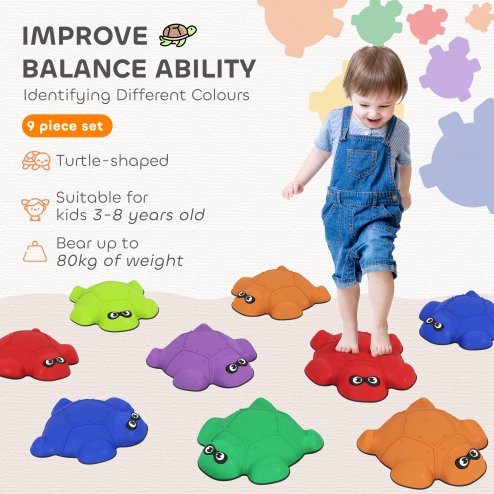 AIYAPLAY Balance Stepping Stones, 9-Piece Turtle-Shaped Stackable River Stones with Non-Slip Edge, Indoor Outdoor Obstacle Course for Kids Age 3-8 Years, Multicoloured