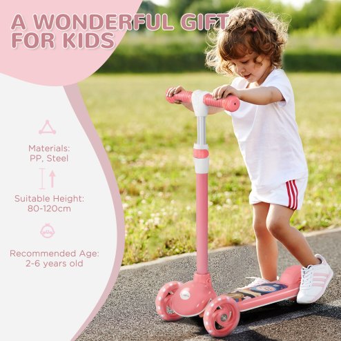 AIYAPLAY Kids Scooter, 3 Wheel Scooter for Toddlers Ages 2-6, with 3-level Adjustable Height, LED Light, TPE Handlebar, Kick Scooter for Boys and Girls, Pink