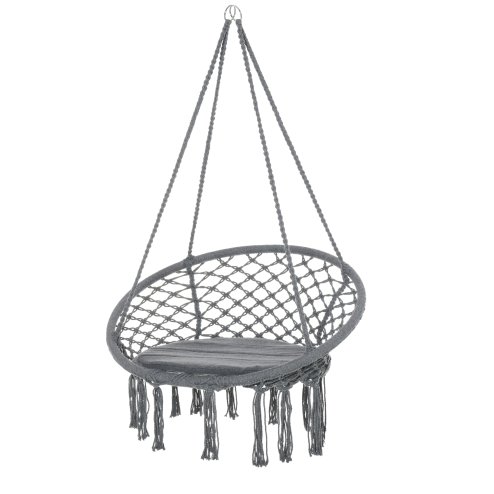 Outsunny Outdoor Cotton-Polyester Blend Macrame Hanging Rope Chair with Cushion, Portable Garden Chair with Fringe Tassels for Patio, Deck, Tree, Grey Image