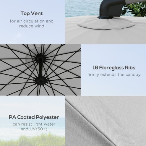 Outsunny 2.7m Cantilever Parasol with Cross Base, Banana Parasol with Crank Handle and 16 Fibreglass Ribs, Round Hanging Patio Umbrella for Outdoor Pool, Garden, Balcony, Grey